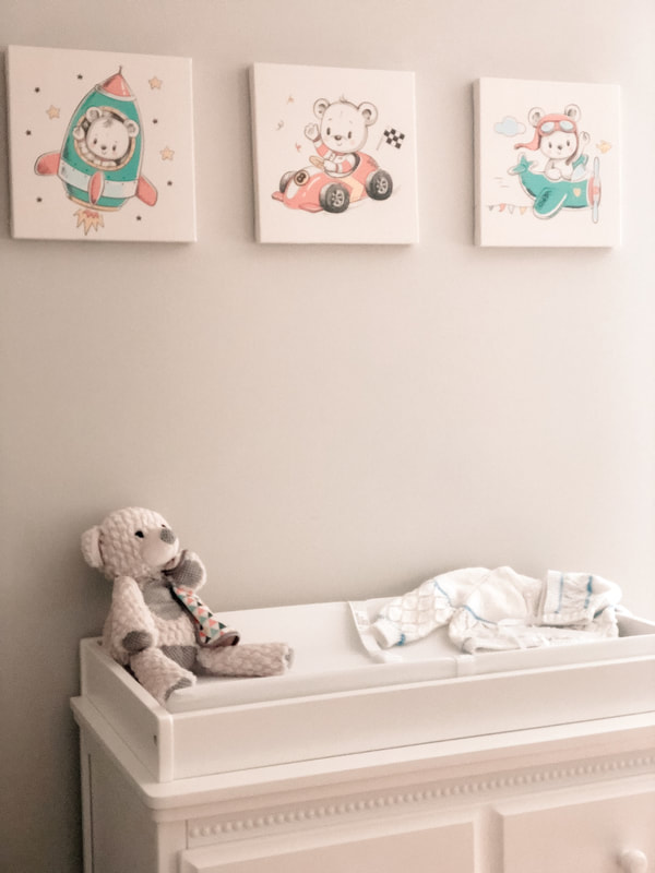 Starry Night Boy Nursery Decor Changing Table and Teddy Bears - That Blissful Balance